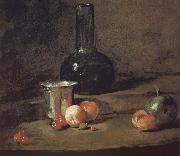 Jean Baptiste Simeon Chardin Wine glass bottles fitted five silver Cherry wine a two peach apricot, and a green apple oil painting artist